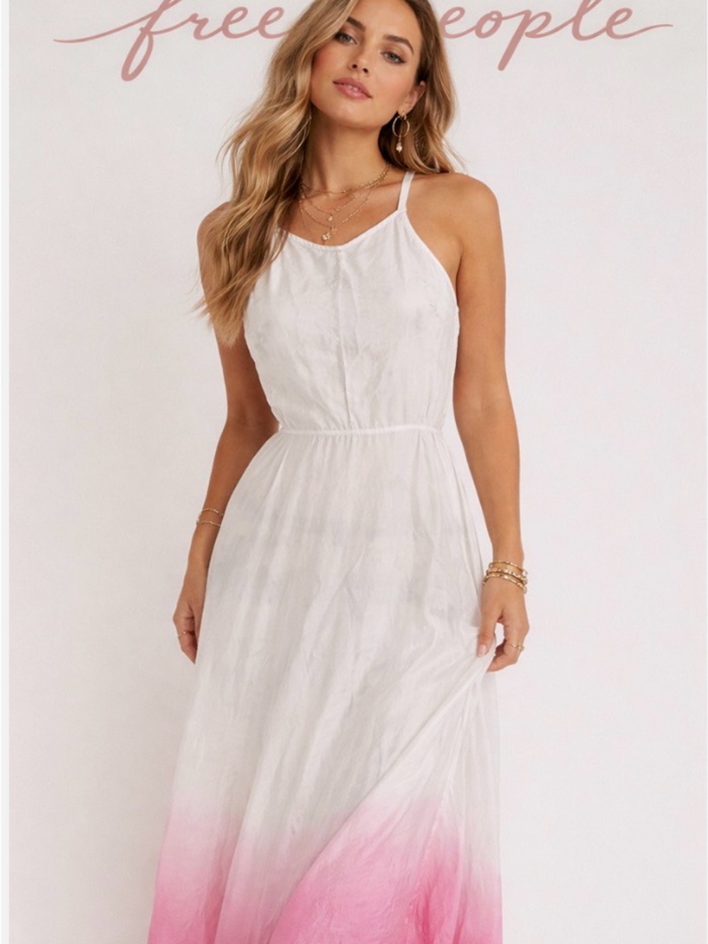 Free People Silk Tye Dye to Pink Ombre Cross back Strap Maxi Dress